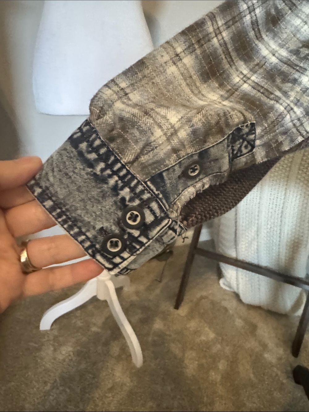 BKE Brown Knit Button-Down with Plaid Yoke and Distressed Denim Trim - Picture 7 of 8